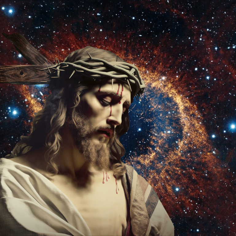 cosmic universe with image of Christ in His passion.
